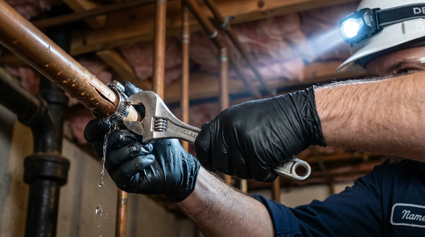 Emergency pipe clamp repair being performed by a Johns Plumbing LLC plumber in Fernley
