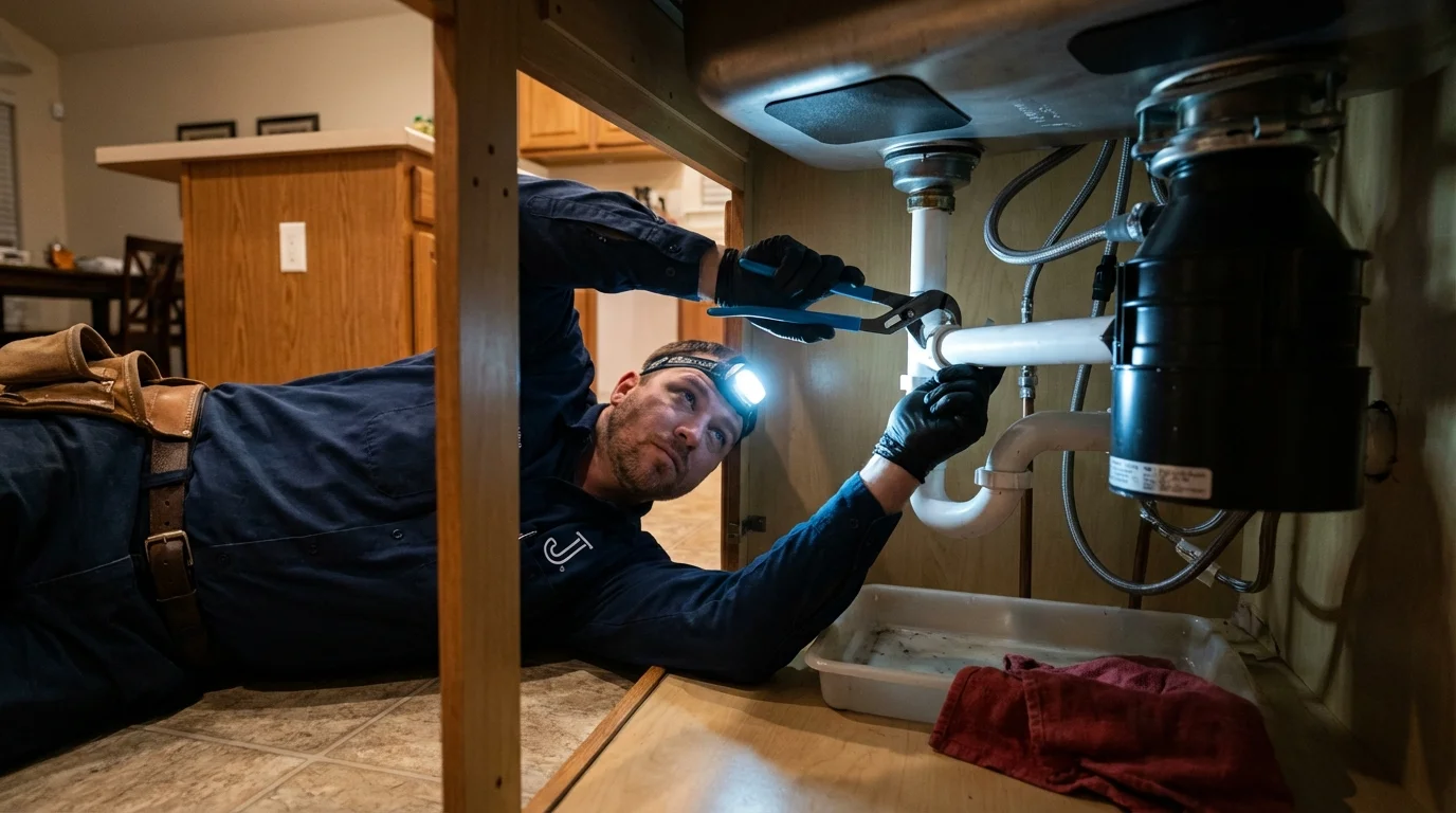 P-trap and supply line connections under a kitchen sink showing a common leak point in Fernley, NV